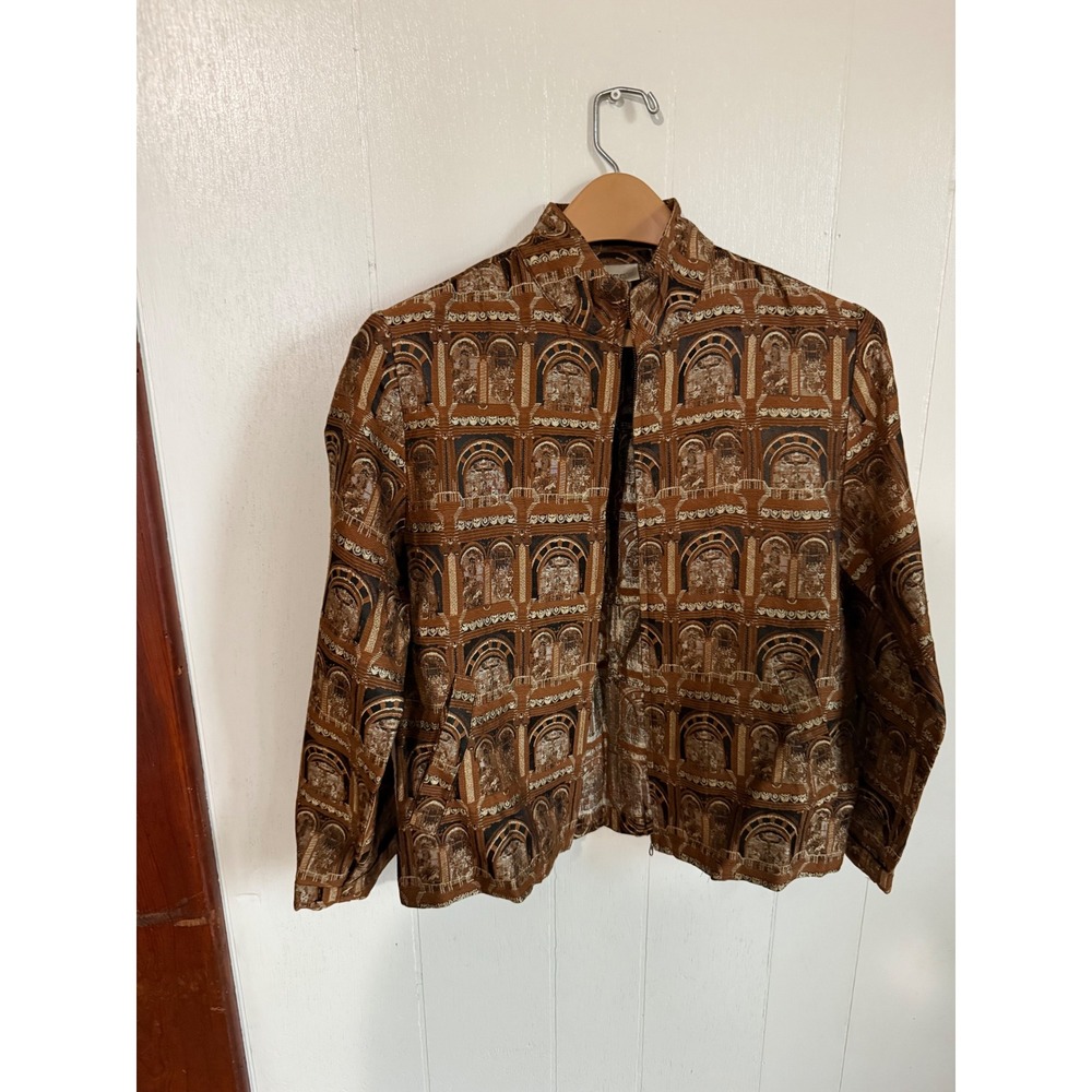 Chicos Silk Rayon Jacquard Jacket Brown Black Architectural Print Size 0